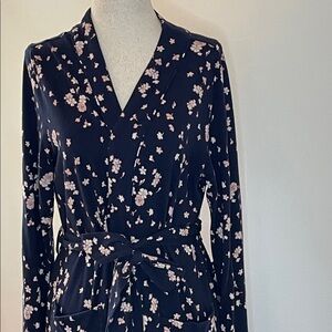 J. Jill Ultrasoft Floral Belted Long Sleeve Robe Navy Pink Floral - Medium